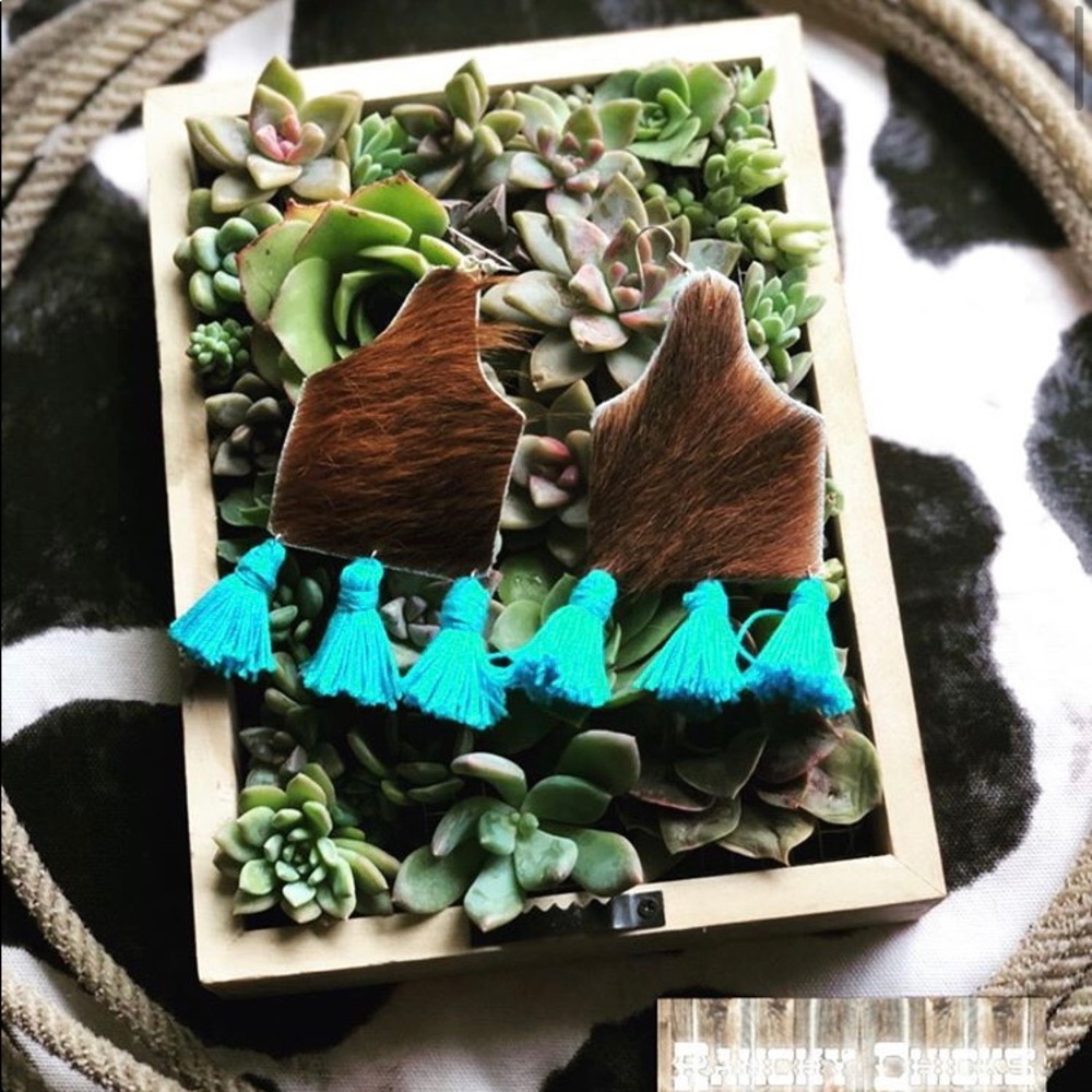 Cowhide ear tag with tassels earrings